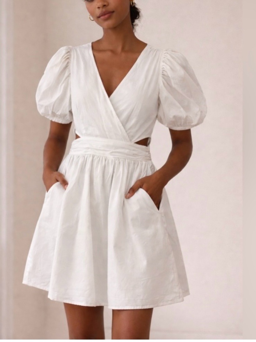 French Connection Rhodes Poplin Puff Sleeve Cut Out Dress White Size 4